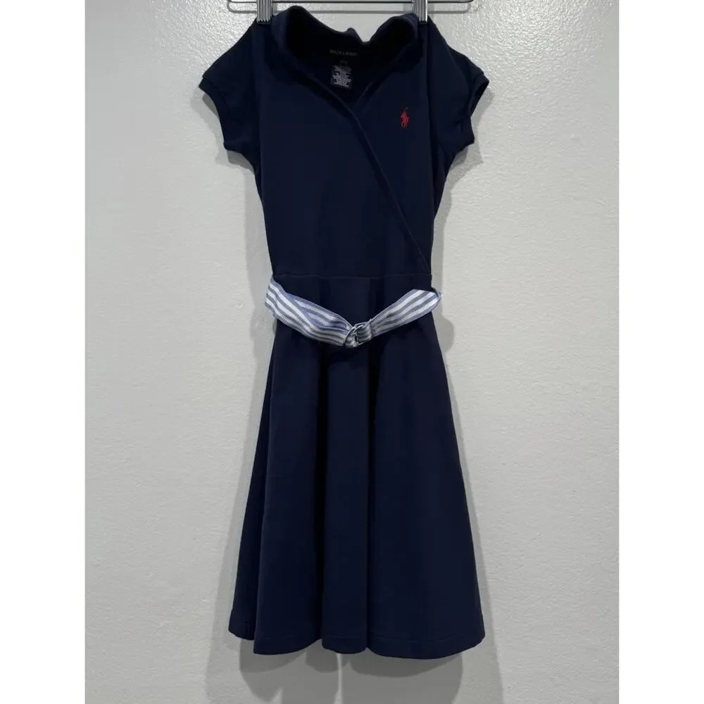Ralph Lauren Navy Blue Belted Polo Dress Girls Size‎ 7 Preppy Nautical Classic